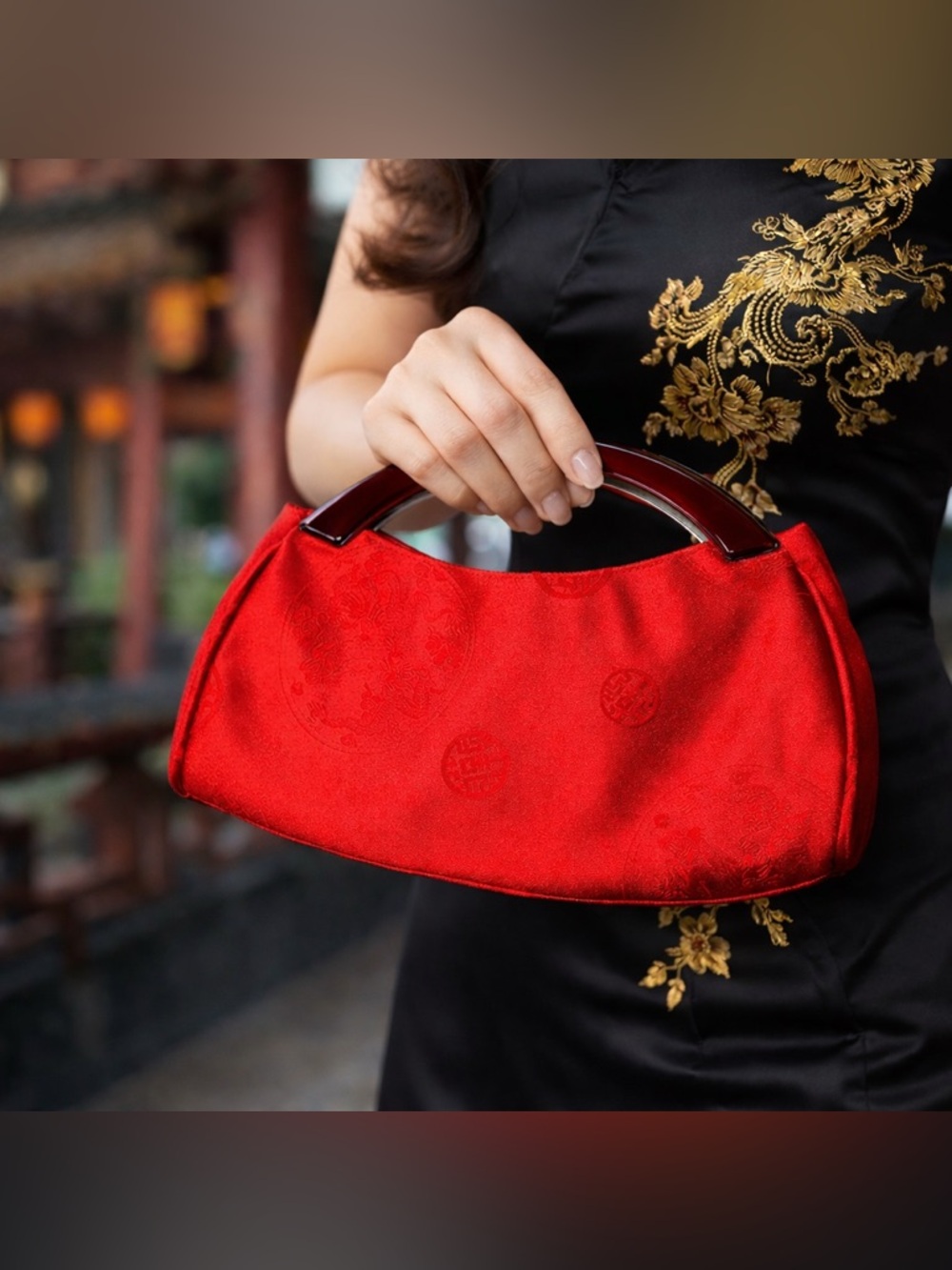 Elegant Red Asian Inspired Clutch with Silver Handle - Picture 1 of 16